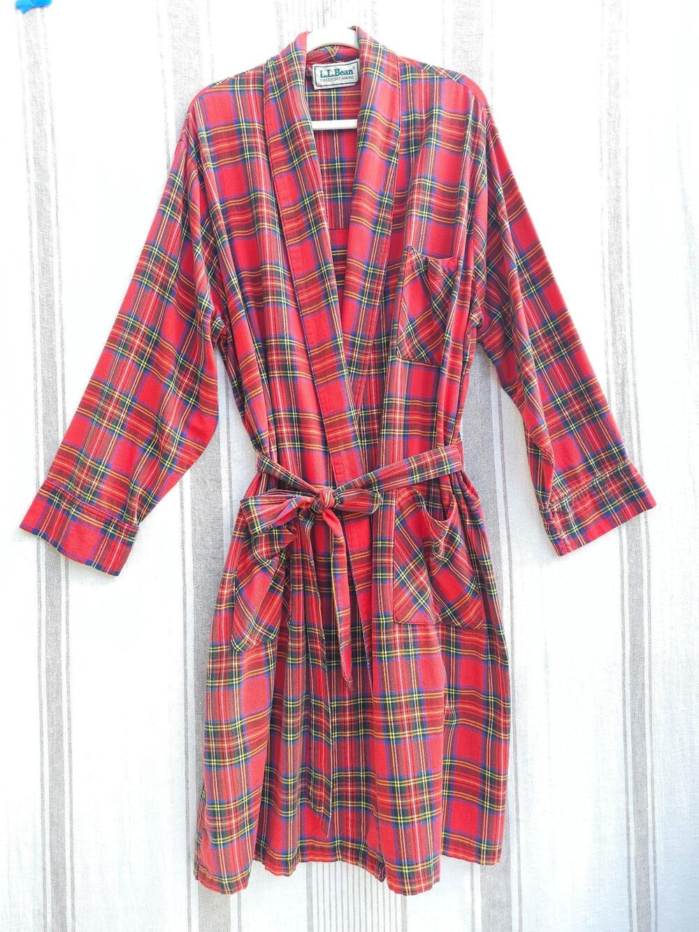 VTG L.L. Bean Robe Mens XL Red Tartan Plaid Flannel Cotton Belted Lightweight